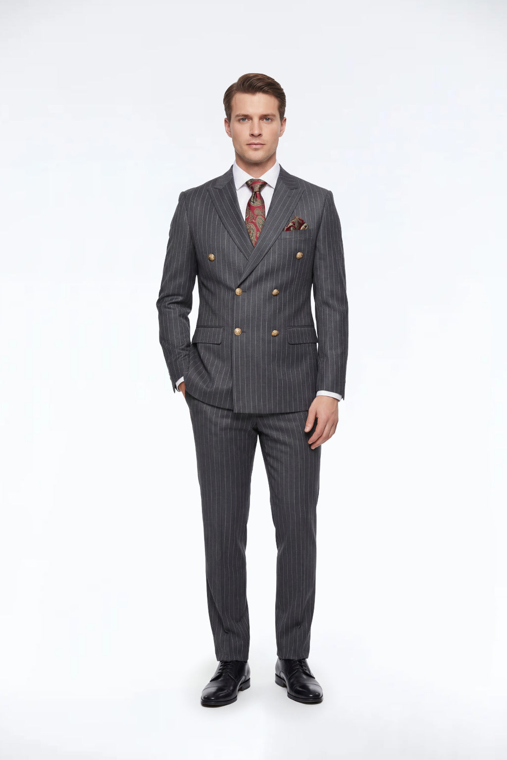 Beckham Charcoal Black Pinstripe Double Breasted Suit Jacket