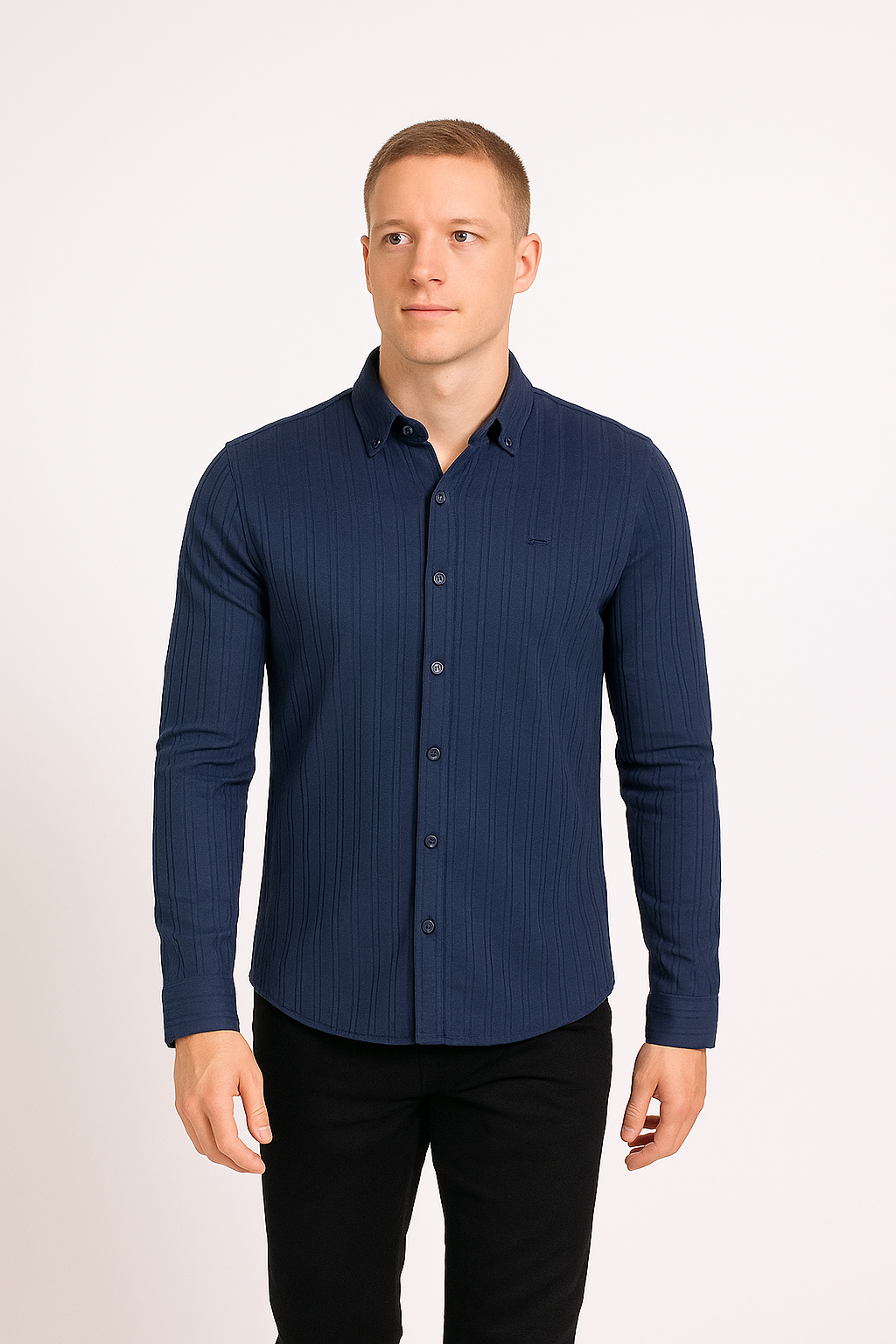 Troy Navy Textured Long Sleeve Shirt