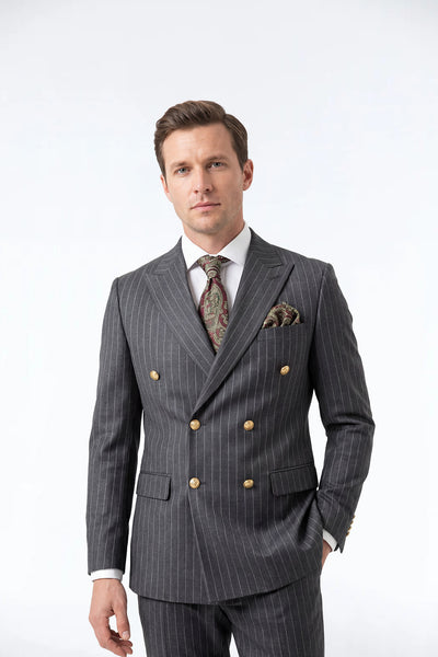 Beckham Charcoal Black Pinstripe Double Breasted Suit Jacket
