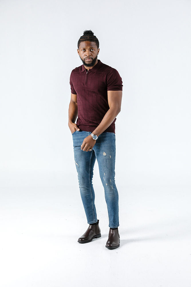 Tony Montana Burgundy Check Zip Polo 