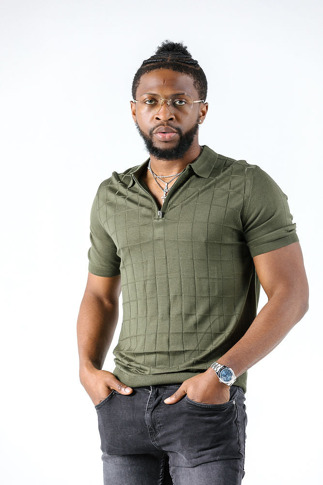 Tony Montana Olive Check Zip Polo 