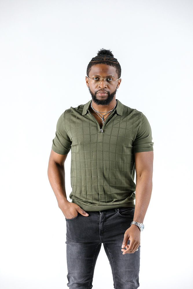Tony Montana Olive Check Zip Polo 