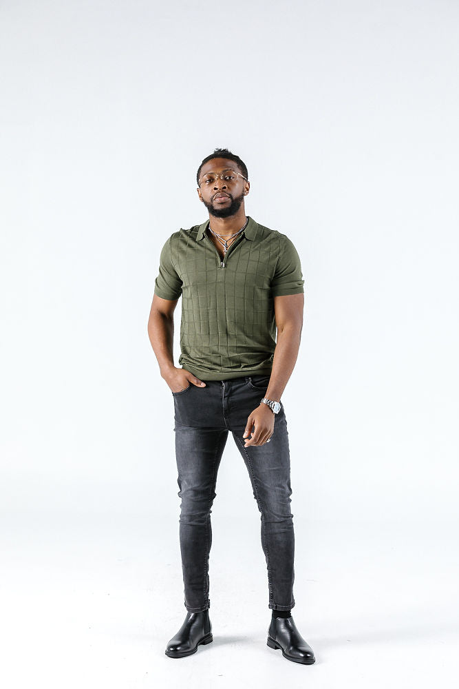 Tony Montana Olive Check Zip Polo 