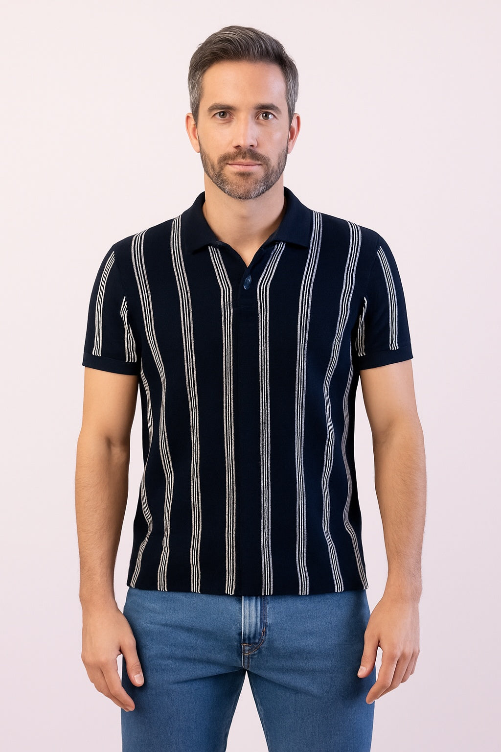 Troy Black Textured Striped Polo