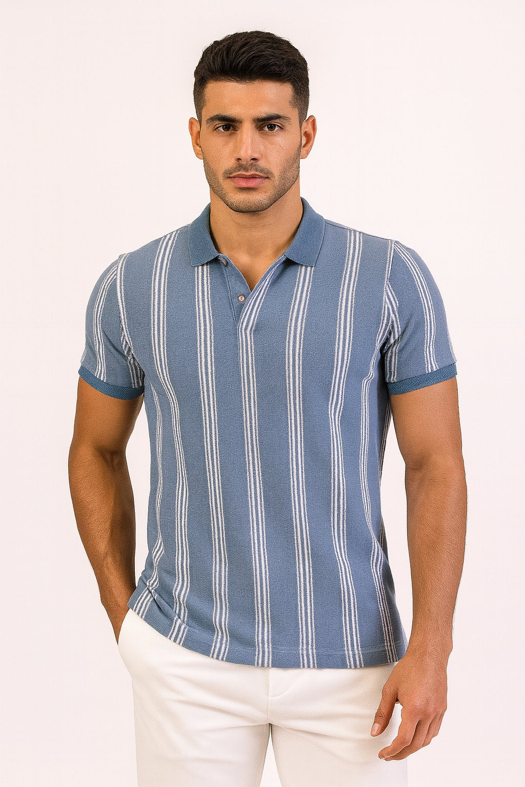 Troy Blue Textured Striped Polo