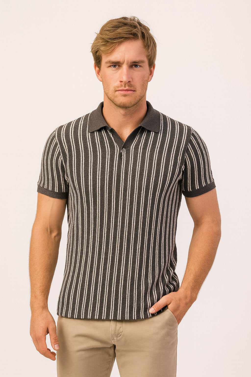 Troy Charcoal Knitted Striped Polo