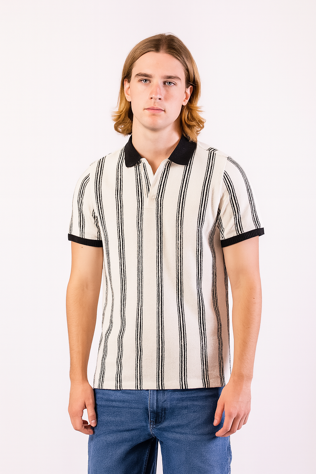 Troy White Textured Striped Polo