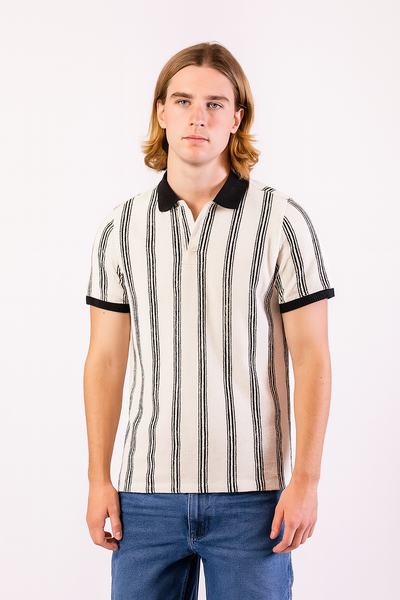 Troy White Textured Striped Polo